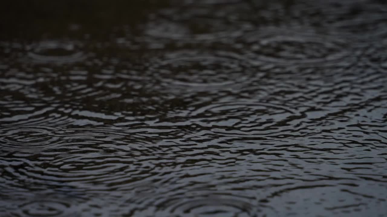 4K慢动作视频，在一个下雨天，涟漪在水坑上蔓延。视频素材