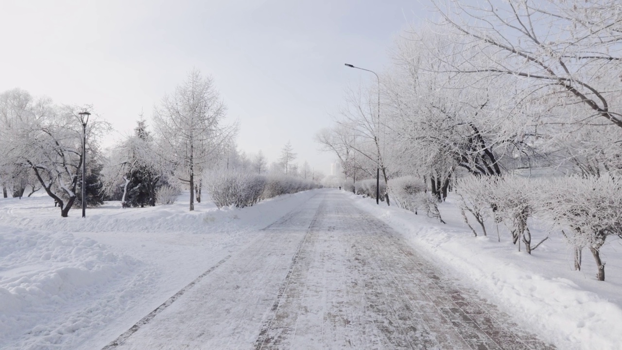 城市公园里白雪覆盖的小路视频素材