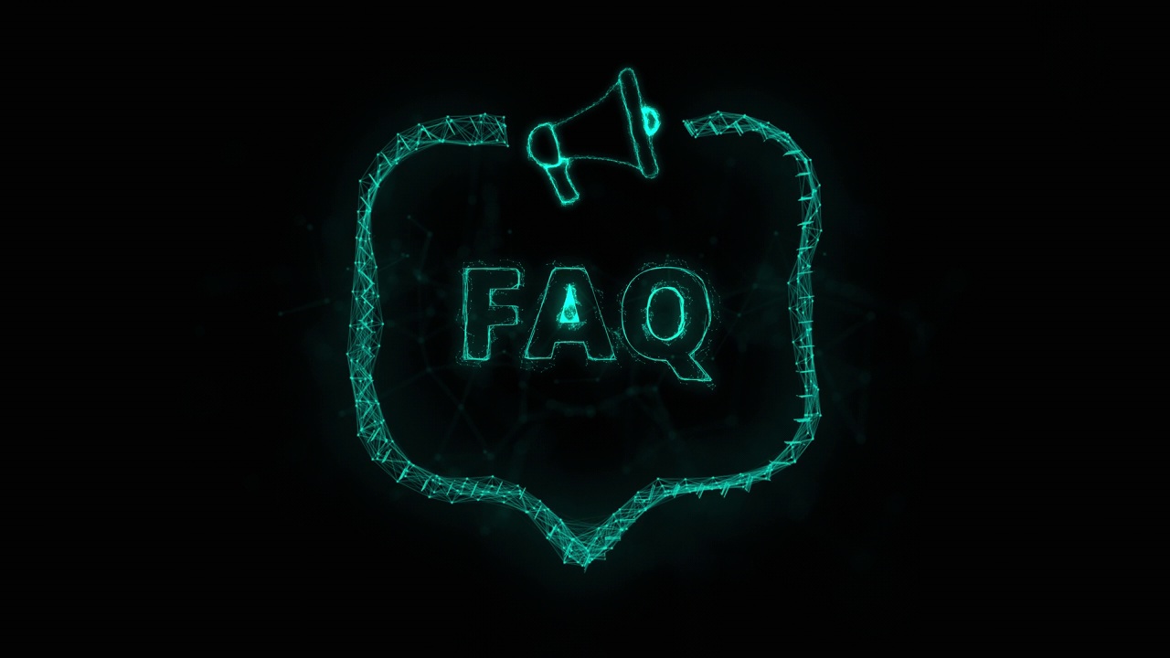 扩音器横幅与语音气泡和文本faq。丛状风格的绿色发光点和线视频素材