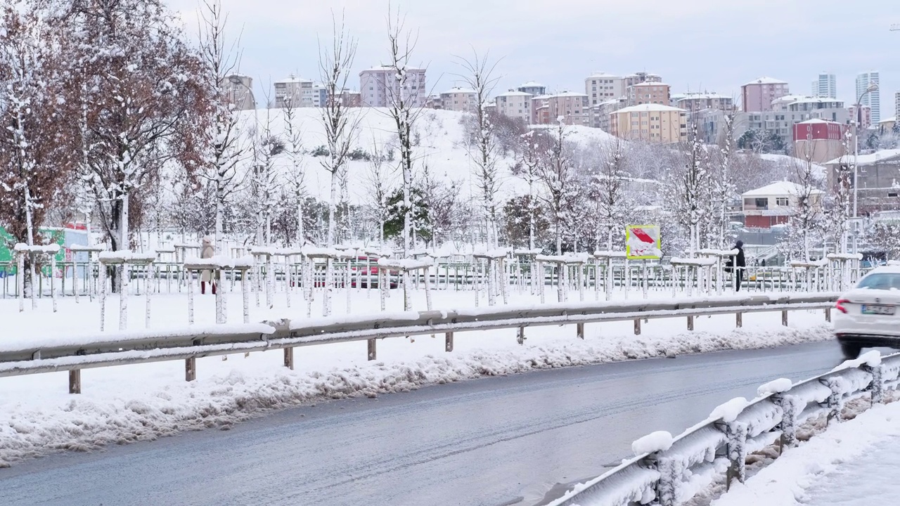 车辆，人们和美丽的树木在一个雪天在伊斯坦布尔视频素材