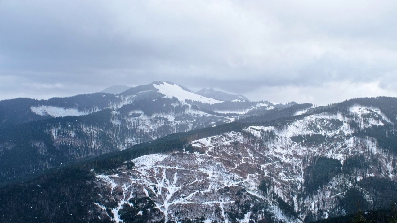 冬季喀尔巴阡山脉，罗马尼亚。雪山和山峰覆盖着森林视频素材