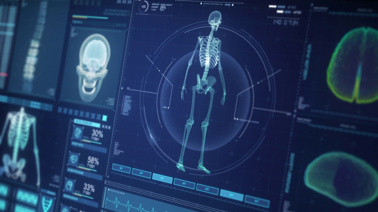 数字显示器与未来hud医疗屏幕数据仪表盘界面4K。视频素材