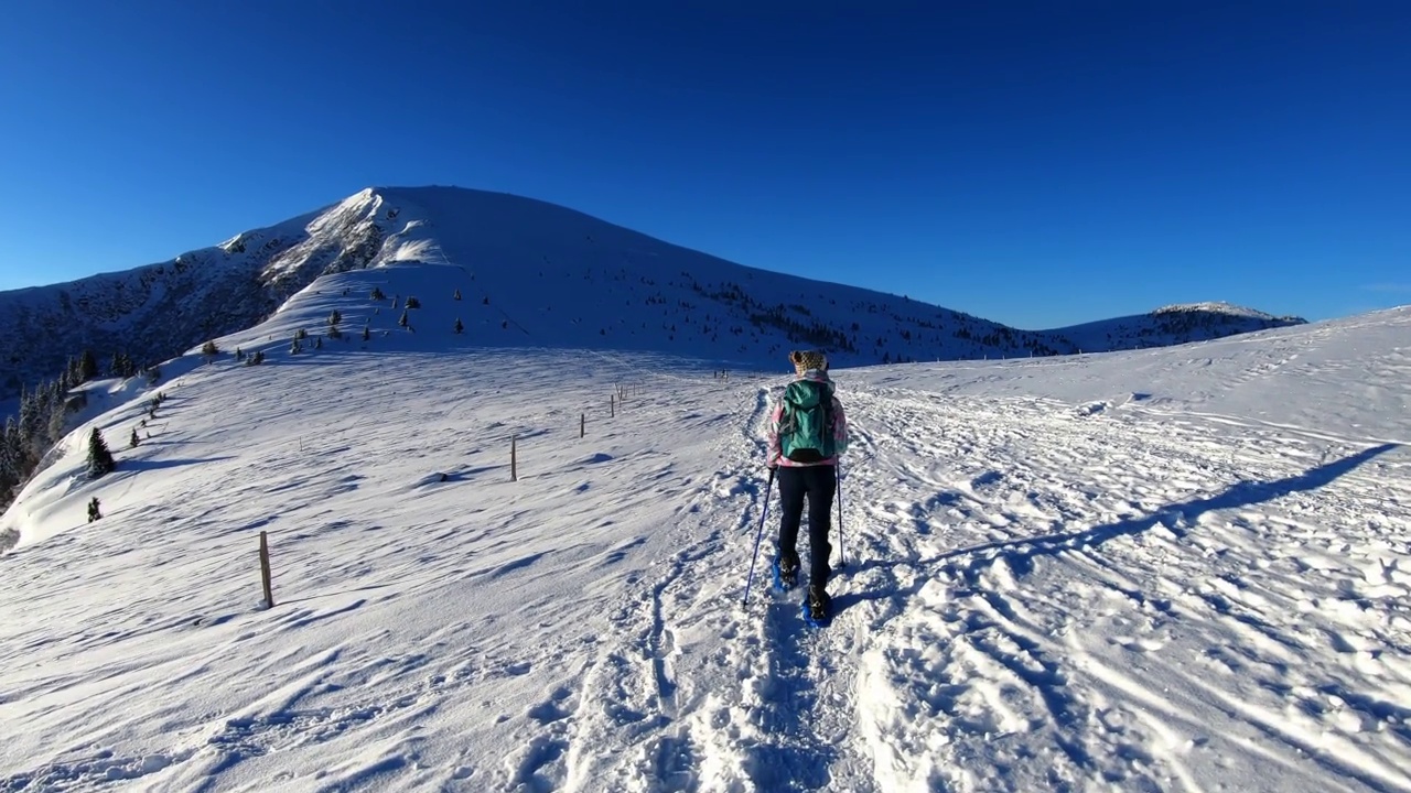 女人走在雪鞋在阿尔卑斯山的新雪，Grosser Speikkogel, Styria，奥地利。视频素材