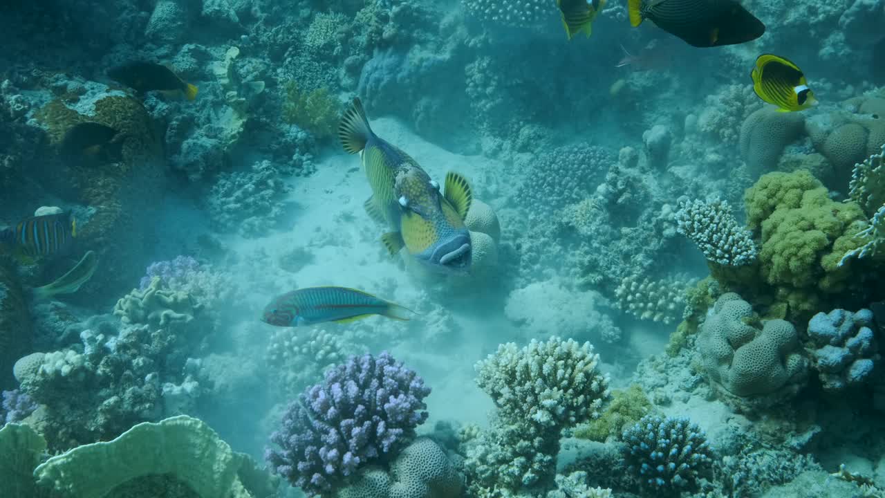 珊瑚礁上的触发器鱼的慢动作。泰坦箭鱼(Balistoides viridescens)。水下拍摄，特写，俯视图。埃及红海视频素材