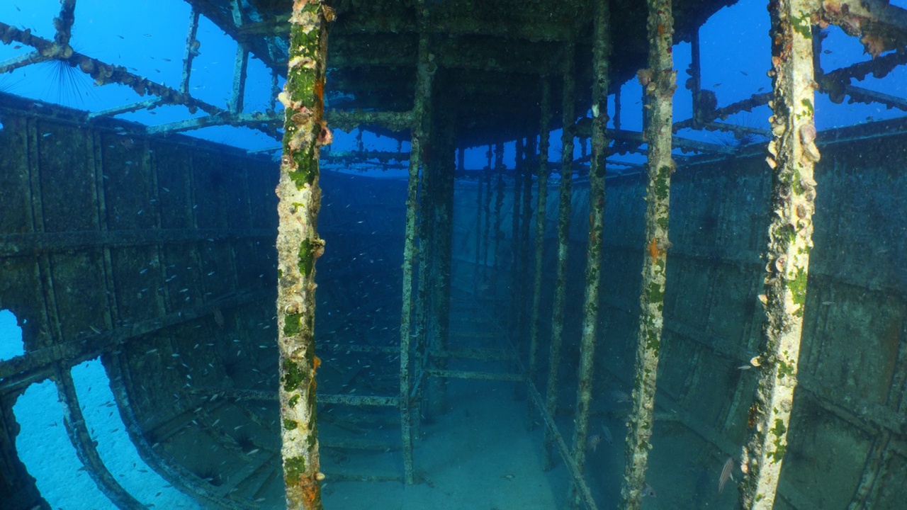 水下沉船风景，沉船金属在海底与鱼学校周围scua潜水员探索视频素材