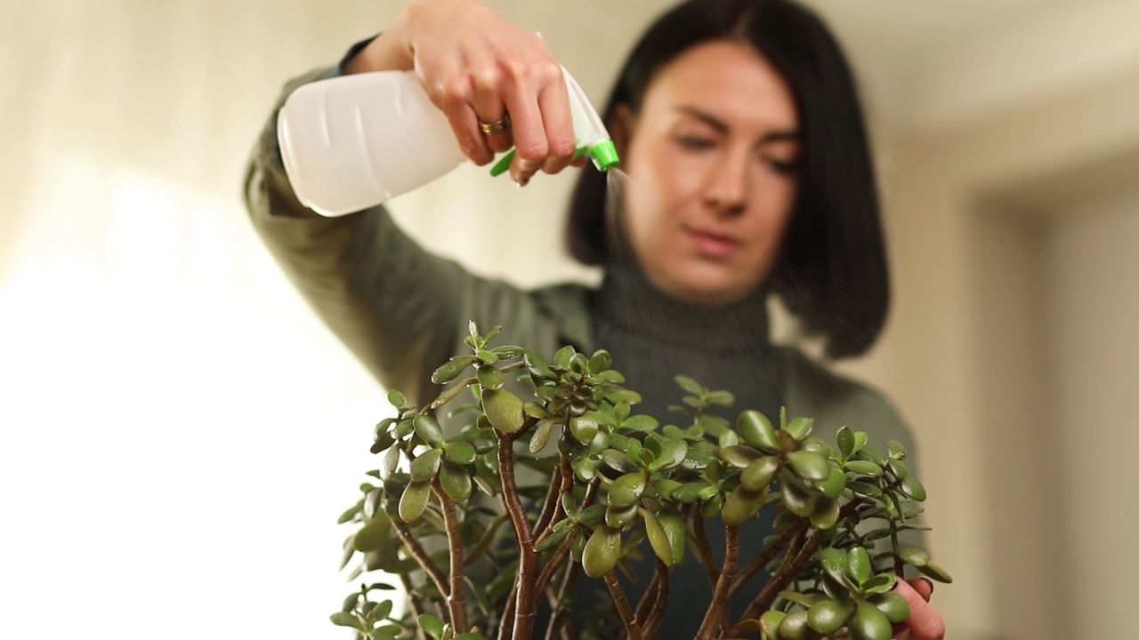 女园丁在家里喷洒克拉苏拉，照顾家庭植物视频素材