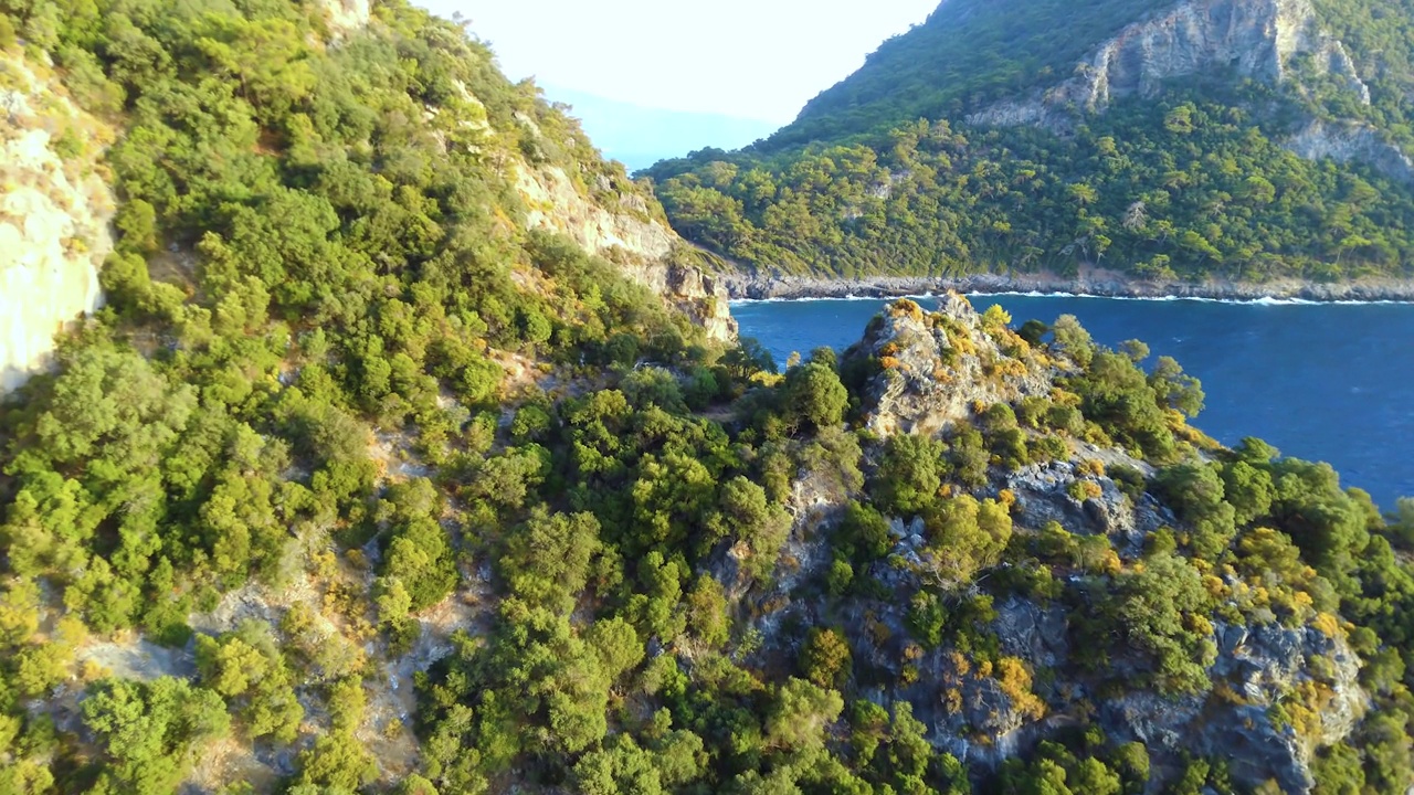 鸟瞰土耳其海岸的岩石海岸线和地中海的树木视频素材