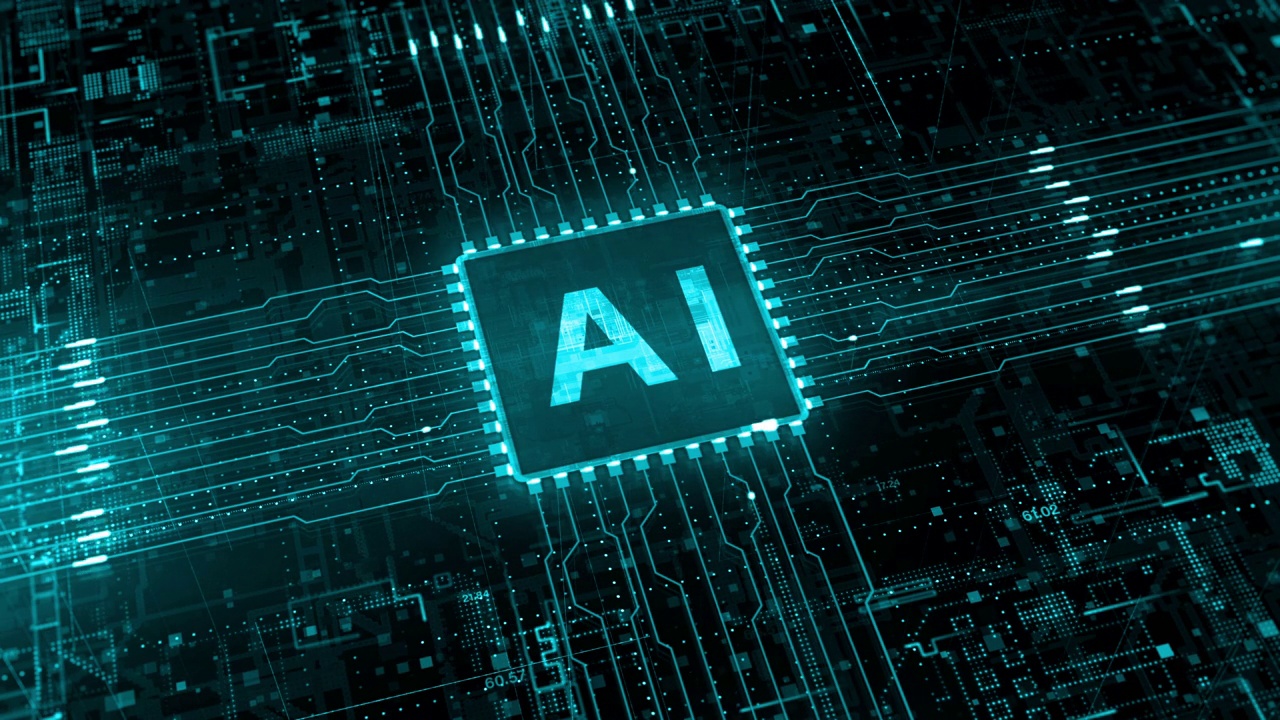 人工智能电路板上的AI。未来技术概念可视化。大数据传输连接。数字数据网络技术视频素材