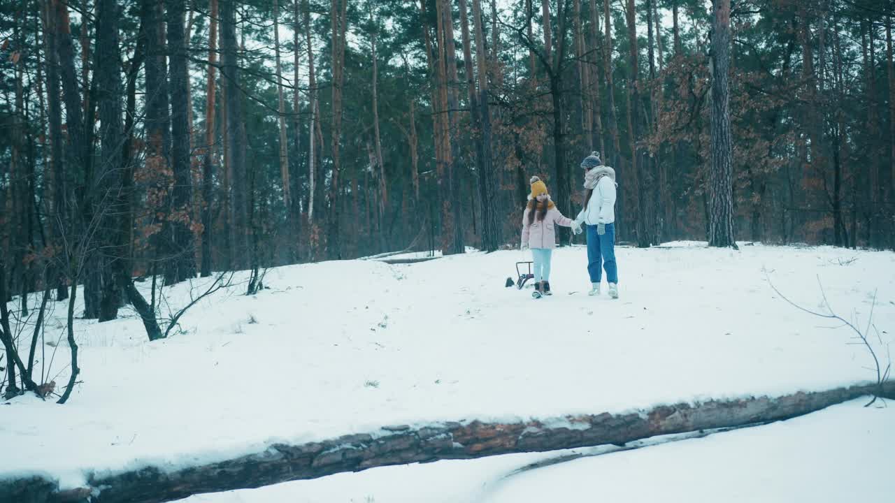 年轻的女人和女儿手里拿着雪橇走在森林里视频素材