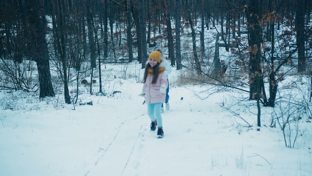 母女俩乘着雪橇在森林里跑上雪山视频素材