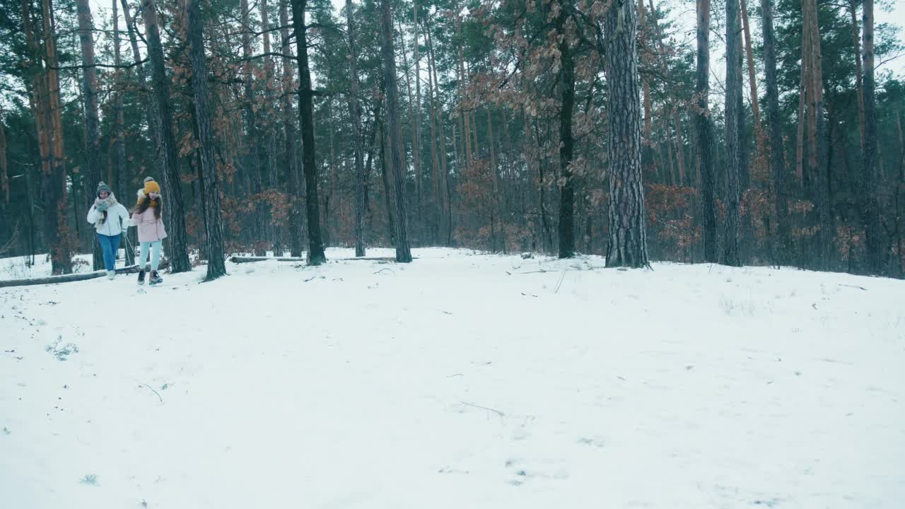 年轻的母亲和女儿玩雪球和跑雪橇视频素材