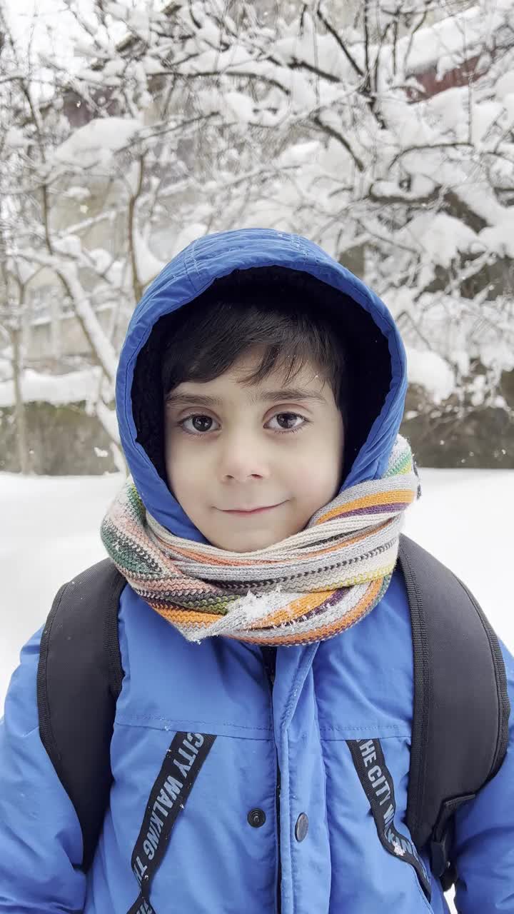 穿着蓝色冬衣的滑稽小男孩在下雪时行走。儿童冬季户外活动。视频素材