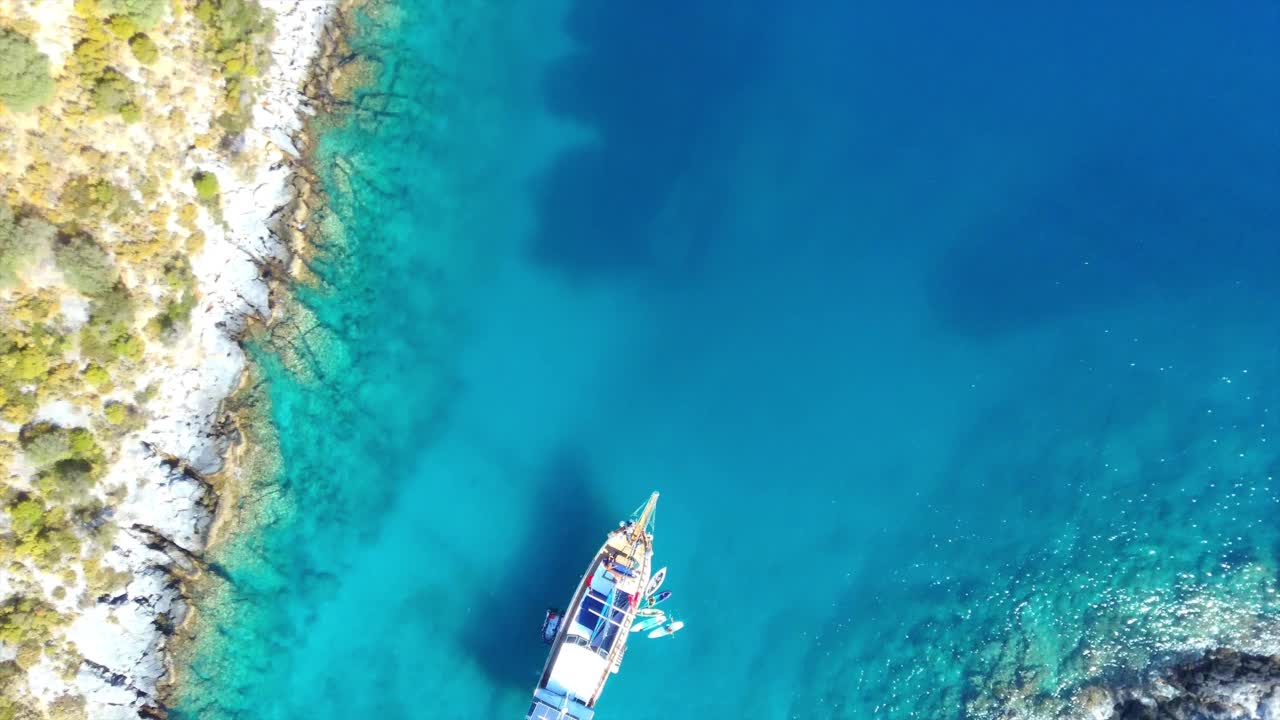 鸟瞰海岸线，悬崖峭壁，绿树成荫视频素材