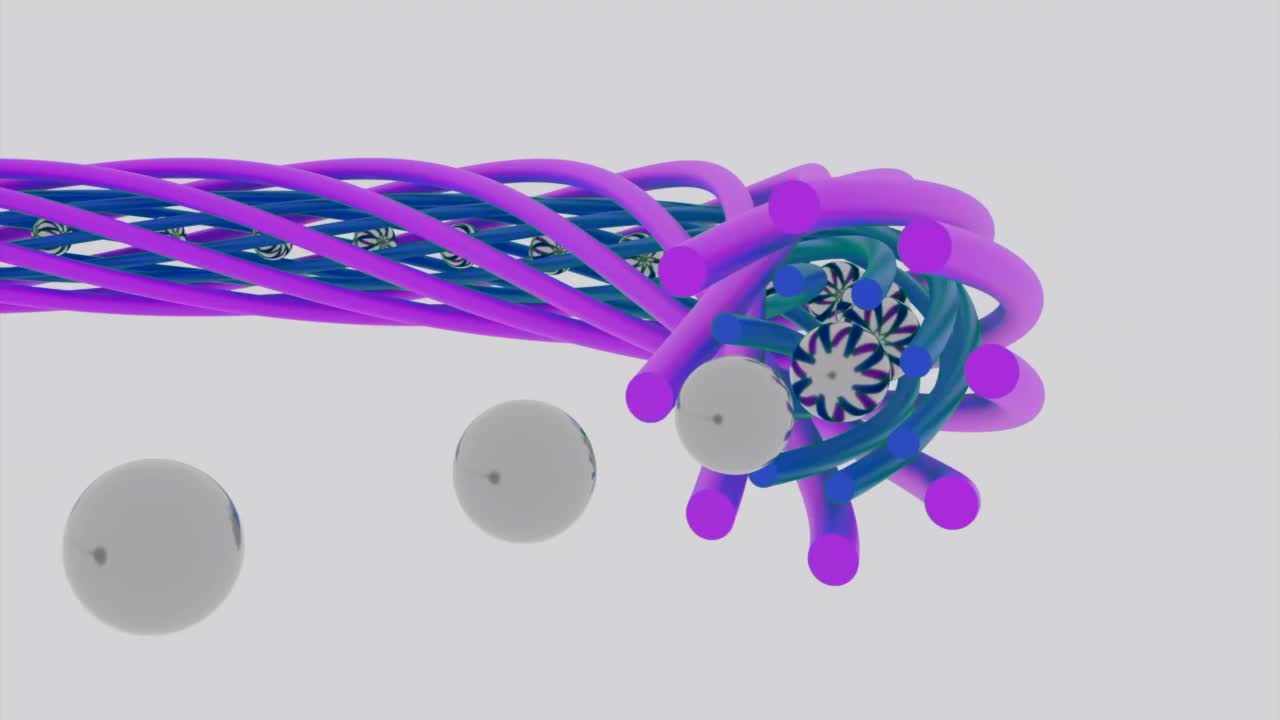 三维动画球在螺旋移动。设计。球排成队形进入狭窄的旋转隧道。球在螺旋线上移动和变换视频素材