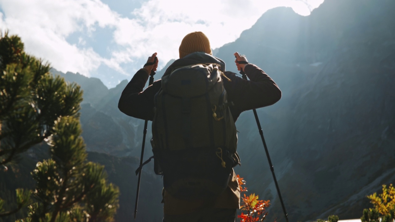 男性徒步者在到达美丽的山湖后举起双手，手持登山杖。旅行者站在岩石上看着令人难以置信的高地景观在阳光明媚的一天。冒险的探险家视频素材