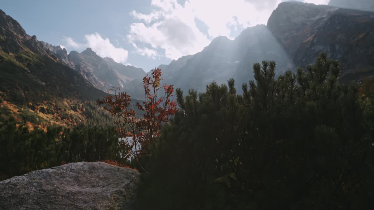 男徒步旅行者带着登山杖到达美丽的山湖。旅行者站在岩石上看着令人难以置信的高地景观在阳光明媚的一天。在泰特拉公园探险旅行探险家视频素材