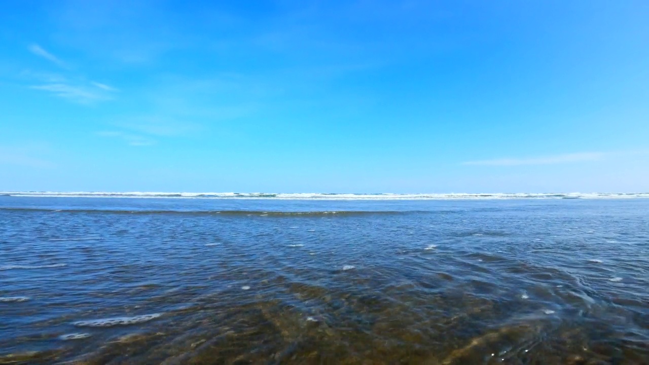 飞溅的波浪在海滩上。海浪拍打着相机视频素材