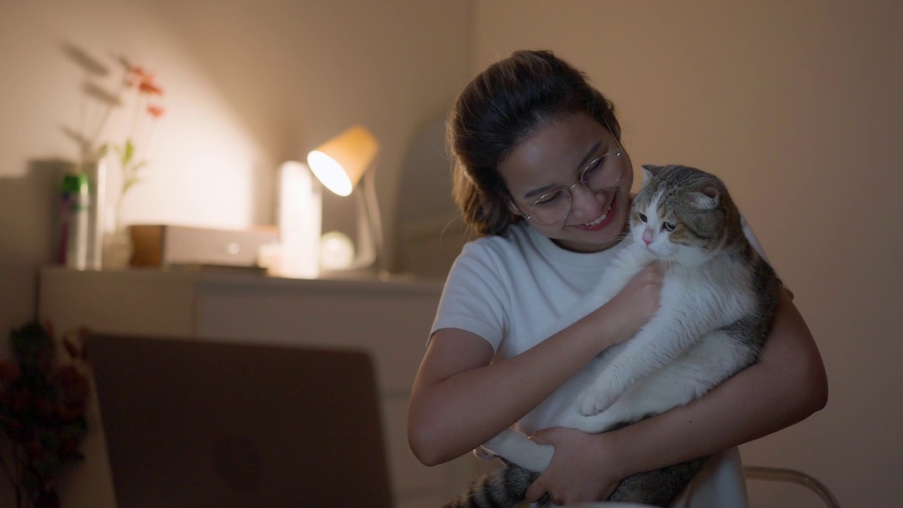 年轻女子通过视频电话向她的朋友展示她的猫视频素材