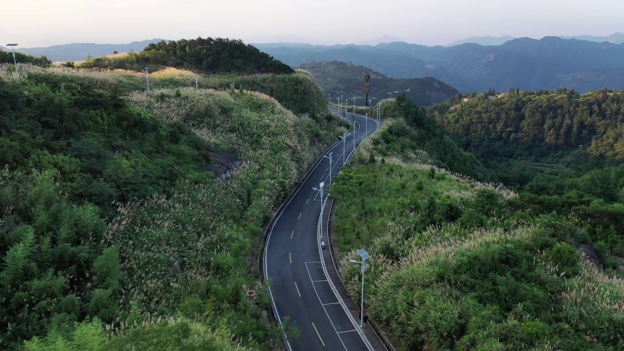 鸟瞰郁郁葱葱的山顶和弯曲的柏油路视频素材