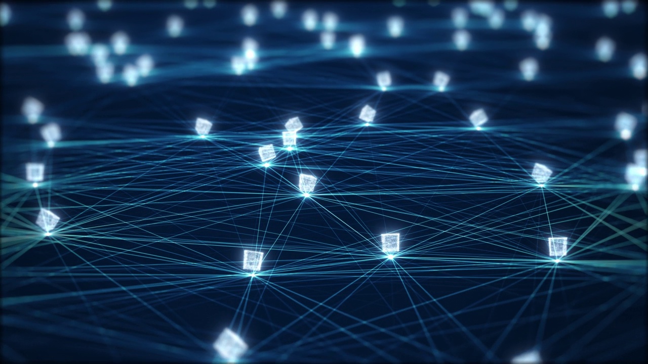 区块链网络概念。等距数字方块码大数据连接分布式账本技术，加密货币金融业务。视频素材