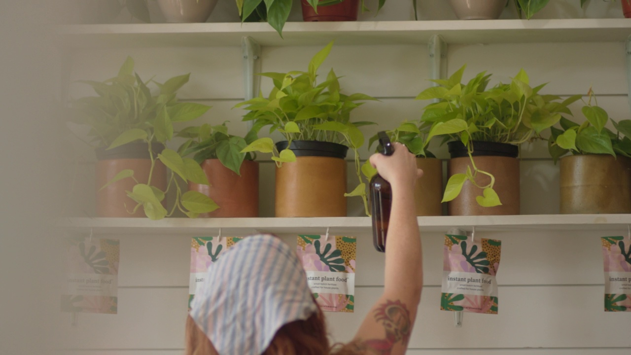 一名妇女用喷雾器在家里培育植物视频素材