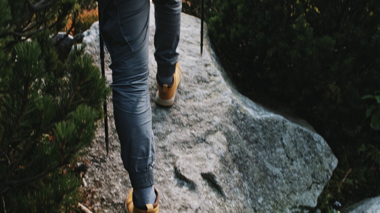 男性徒步者高举双臂，手持登山杖，俯瞰美丽的山湖。旅行者站在岩石上看着令人难以置信的高地景观在阳光明媚的一天视频素材