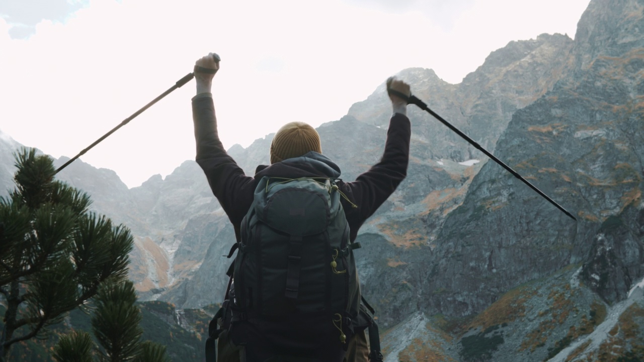 男性徒步者在到达美丽的山湖后举起双手，手持登山杖。旅行者站在岩石上看着令人难以置信的高地景观在阳光明媚的一天。冒险的探险家视频素材