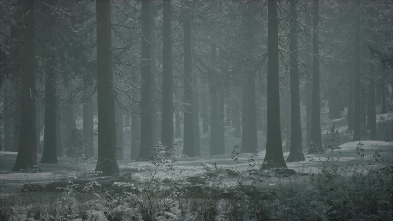 冬天的阴天，森林被白雪覆盖视频素材