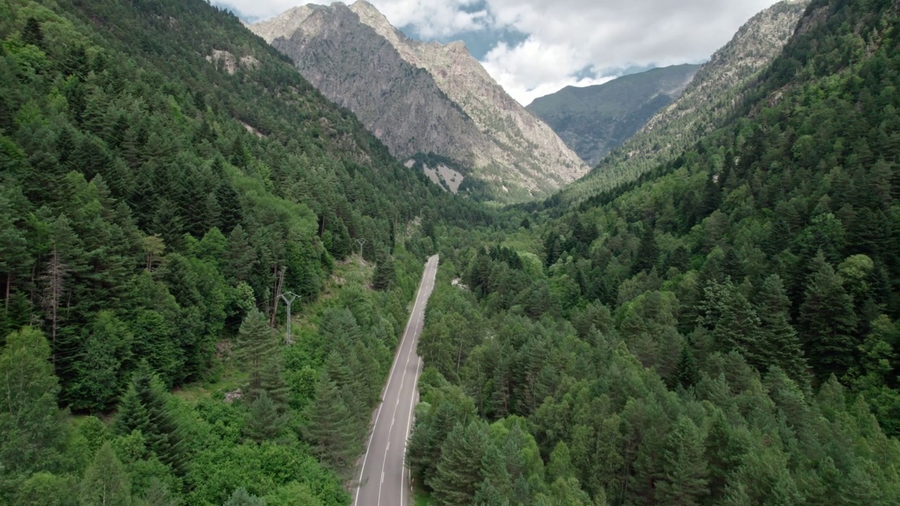 在高山峡谷中的柏油路。在它旁边，一条山间河流在树林间蜿蜒流过。视频素材