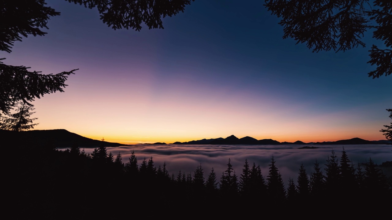 黄昏的光在日落之后在山森林有雾的云运动快在阿尔卑斯山自然景观在蓝色的小时时间流逝视频素材