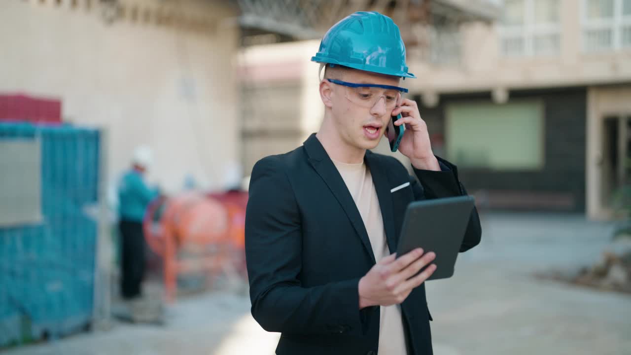 年轻的西班牙裔建筑师在街上用触控板用智能手机说话视频素材