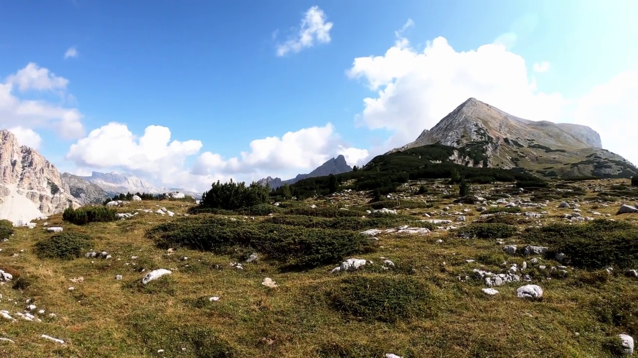 意大利白云石山谷的全景。山坡上长满了茂密的森林。前面是郁郁葱葱的草地。后面是高耸的山脉。春天在山间。阳光明媚的一天。视频素材