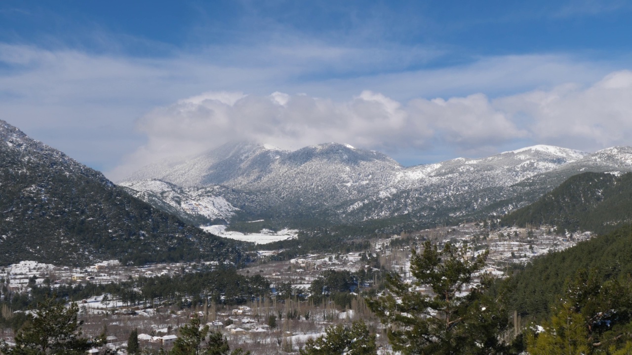 冬季，雪山和松树云移动区域视频素材