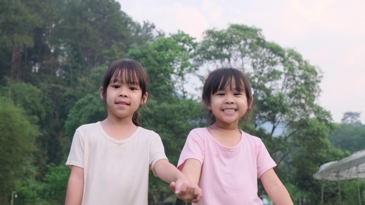 两个可爱的亚洲姐妹手牵着手站在夏天的花园里。两个可爱的小女孩在公园里微笑和玩耍的肖像。视频素材