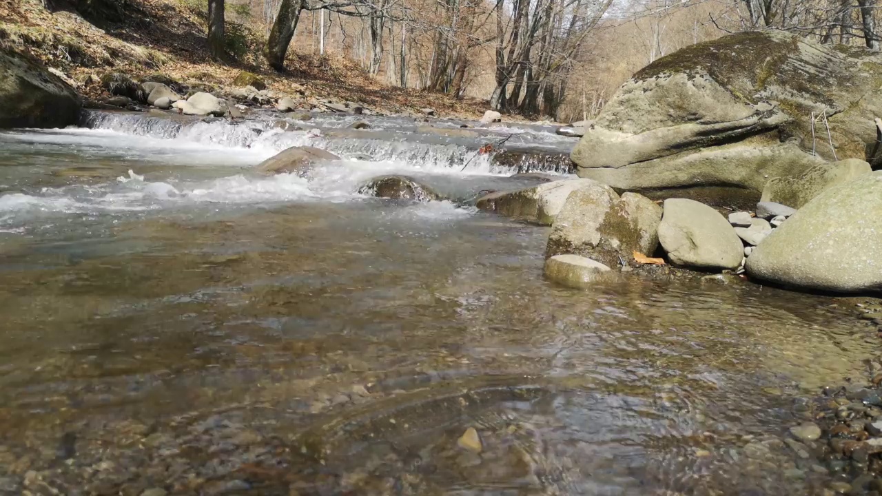 春天清澈透明的山河的水流视频素材