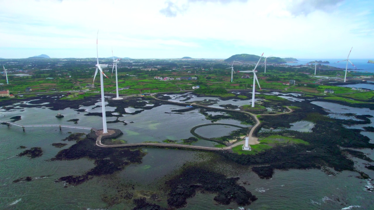 位于韩国济州济州市的Hangyeong郡的Sinchang风车海岸、Singyemul公园和风力涡轮机视频素材