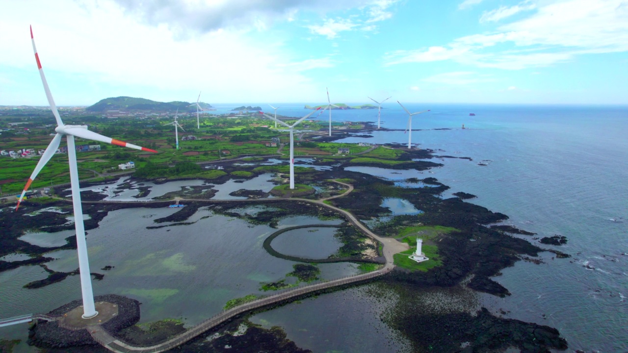 位于韩国济州济州市的Hangyeong郡的Sinchang风车海岸、Singyemul公园和风力涡轮机视频素材