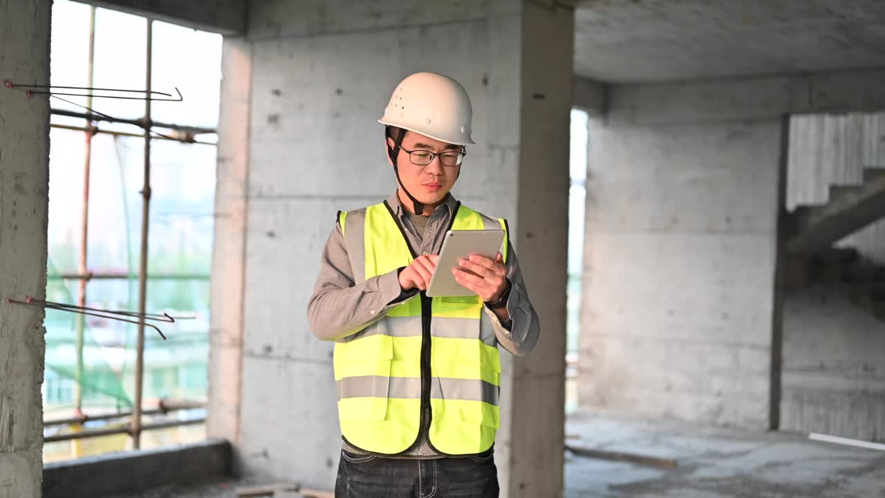 一名男性建筑工人在建筑工地使用平板电脑视频素材