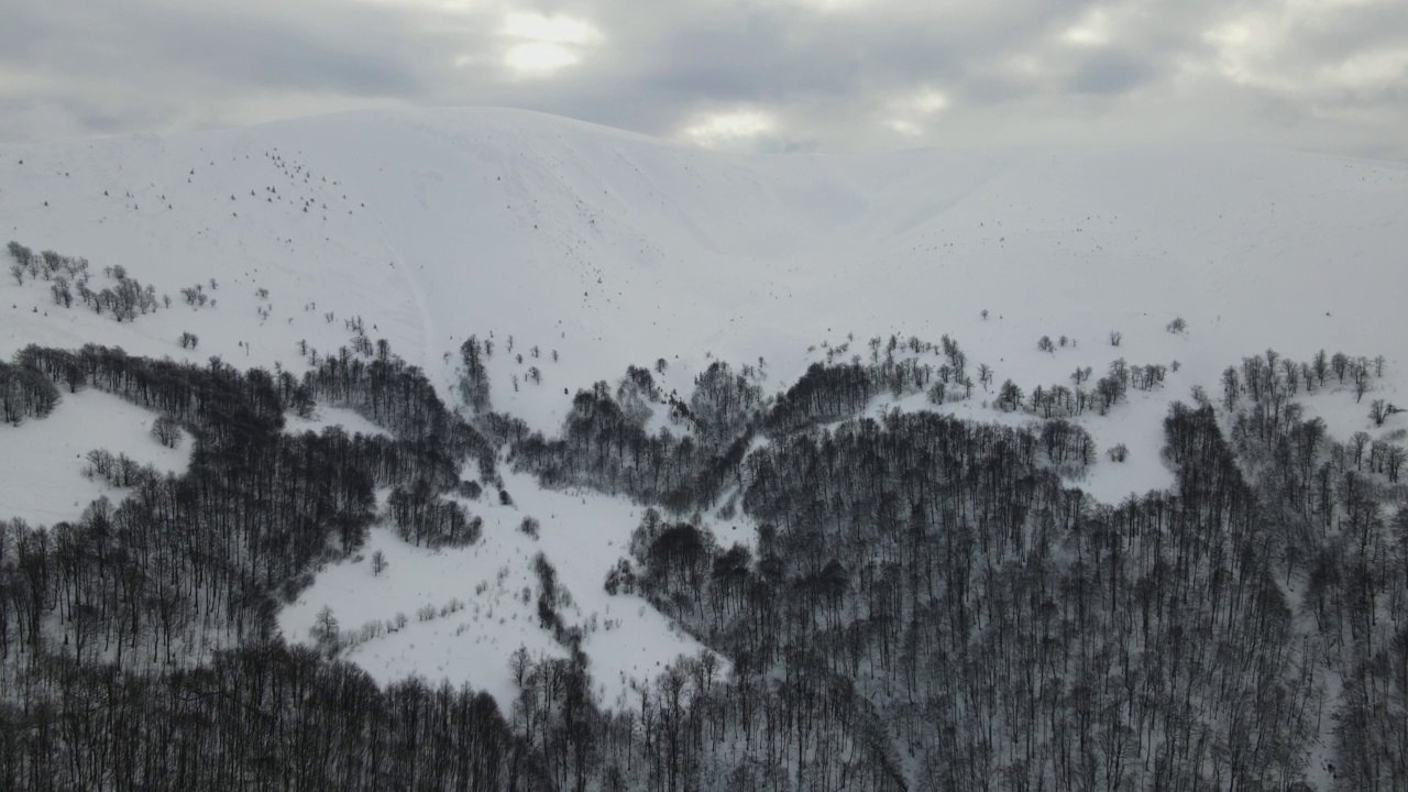 令人惊叹的空中飞行在雾蒙蒙的山脉，草地和冰雪覆盖的山峰在冬天的时间。乌克兰喀尔巴阡山脉，金巴山，4k鸟瞰图。视频素材