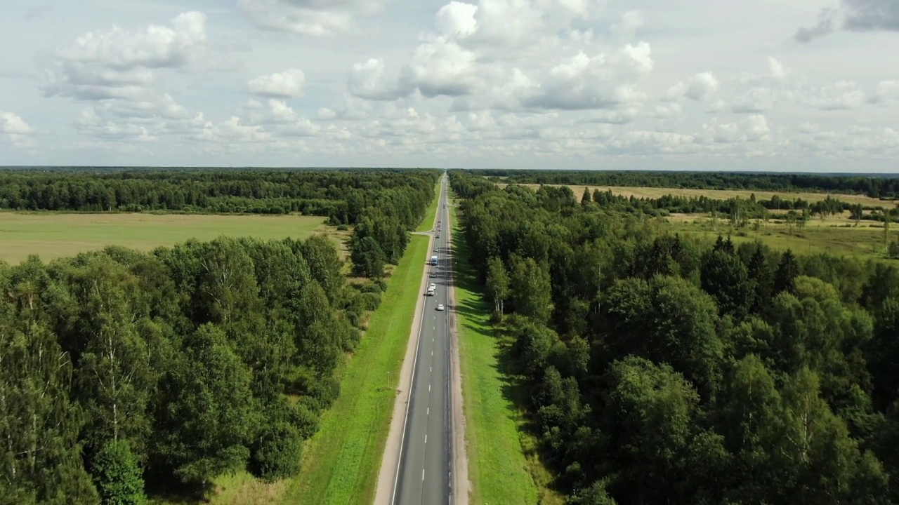 从空中俯瞰穿过森林的公路视频素材