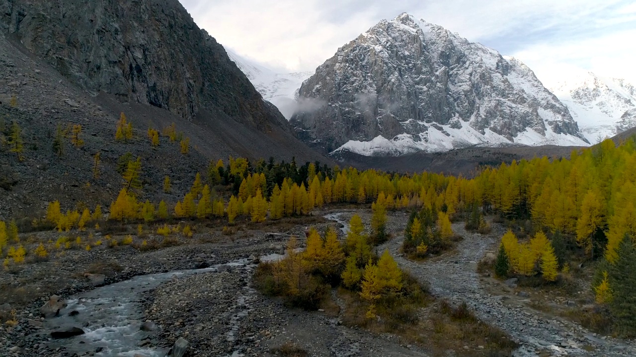 飞过秋树丛中的山谷和高山间的河流。无人机视频视频素材