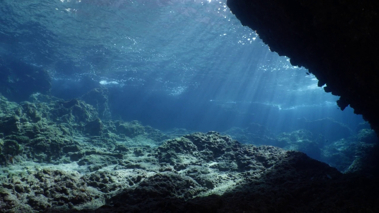 波涛汹涌的海水，波涛汹涌的海水，水下的海浪撞击着岩石，在海面上形成泡沫，形成海洋风景的背景视频素材