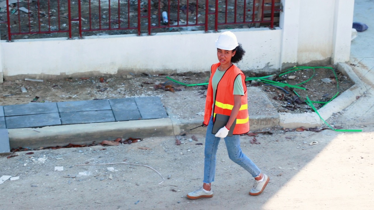 专业的黑人女性工程师和检查人员正在调查住房项目中在建房屋的整洁情况。慢镜头vdo视频素材