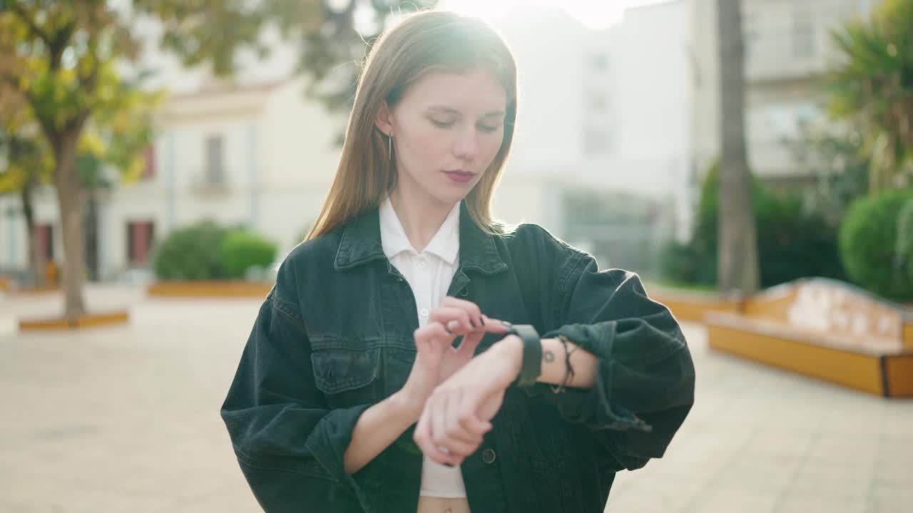 年轻的白人女子在公园看秒表视频素材