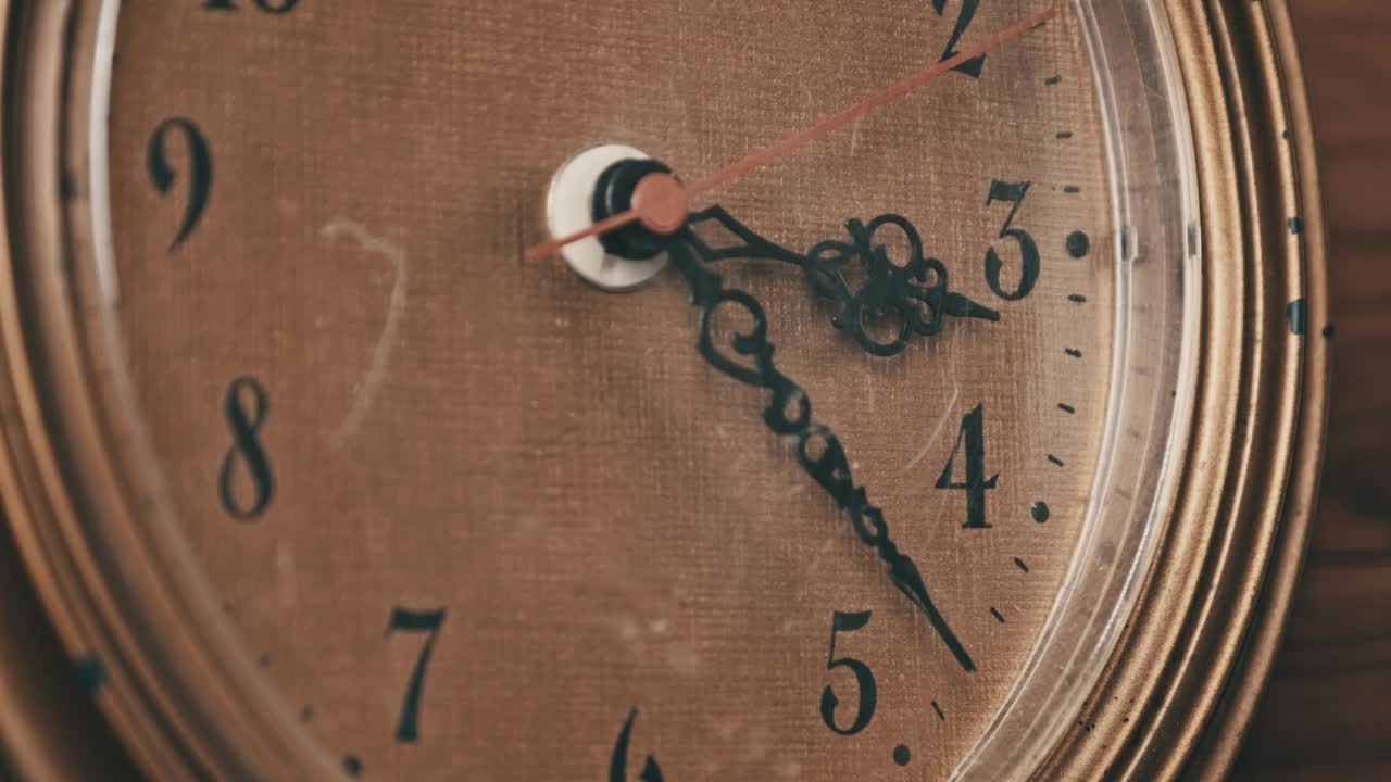木制背景上的老式复古挂钟与移动的秒针视频素材
