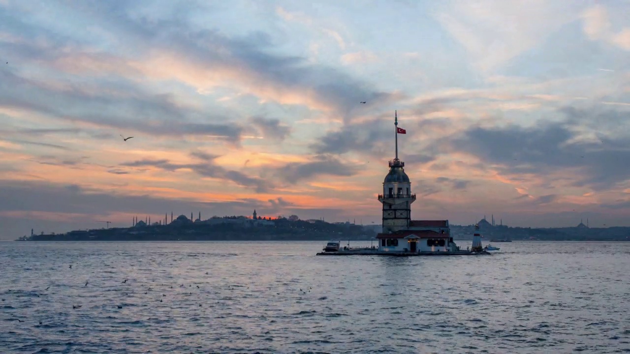 İstanbul少女塔在夕阳，时间流逝视频素材