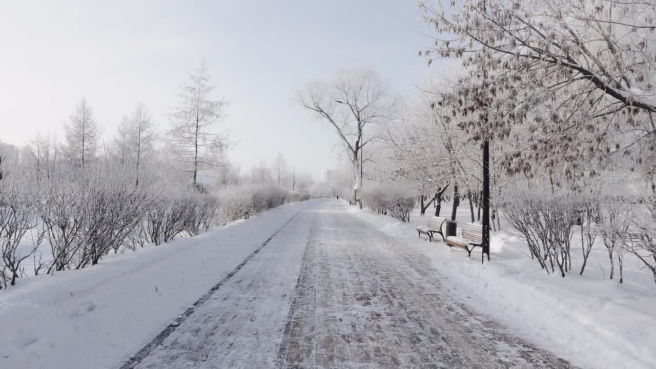 城市公园里白雪覆盖的小路视频素材