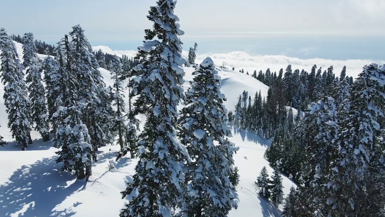 白雪覆盖的山顶和屋顶上有雪堆的房子视频素材