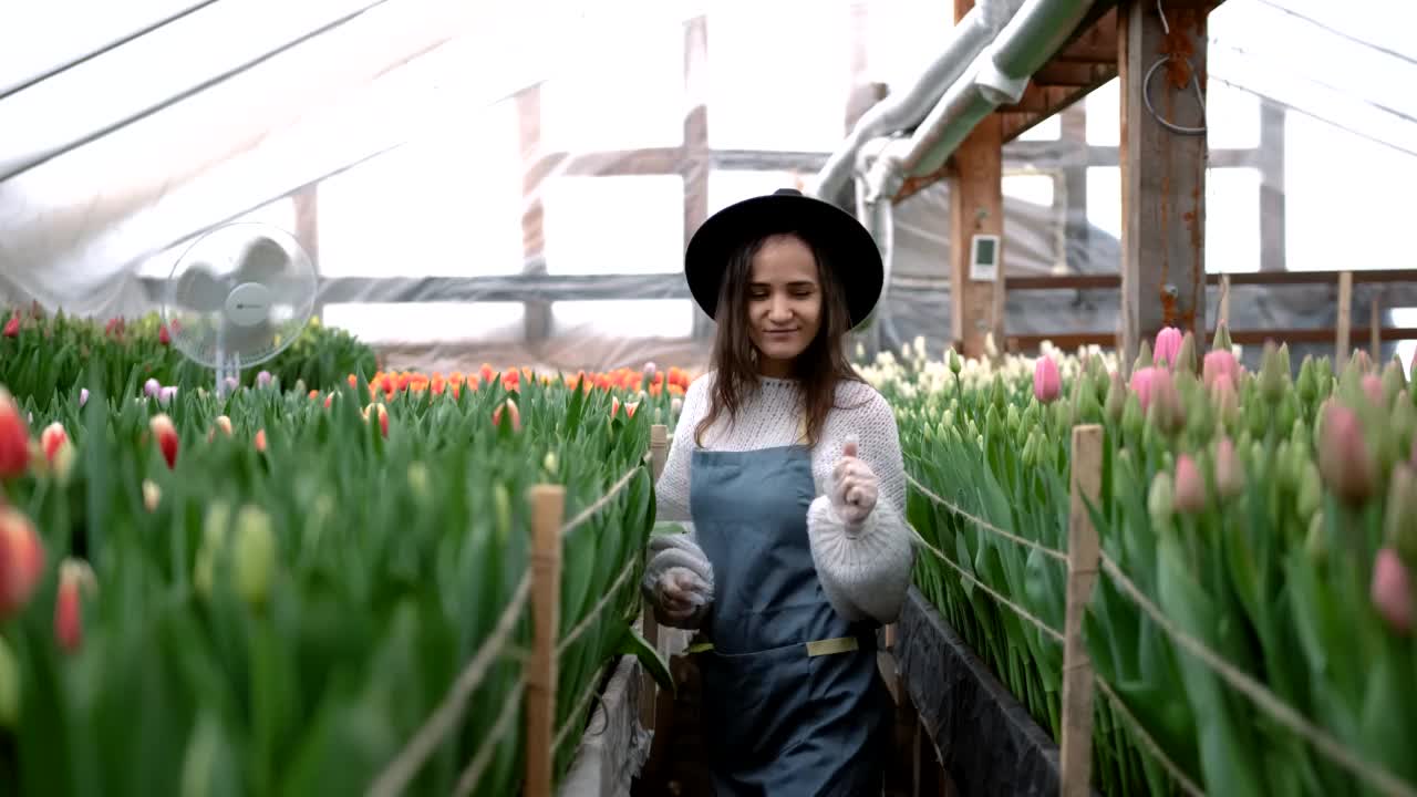 一个漂亮的花匠女孩戴着帽子在花房里跳舞，心情很好，花房里有盛开的郁金香在出售。视频素材