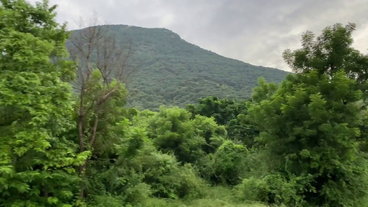 山景以天空为背景，山景由车穿越，山景在早晨驾车穿越视频素材